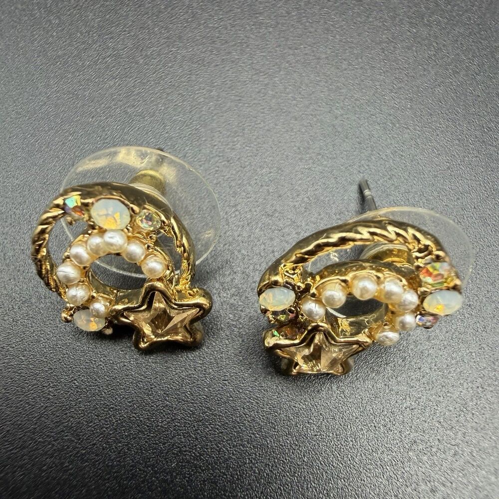 Vintage Gold Tone Faux Opal Pearl Crescent Moon Star Stud Earrings Celestial Mod